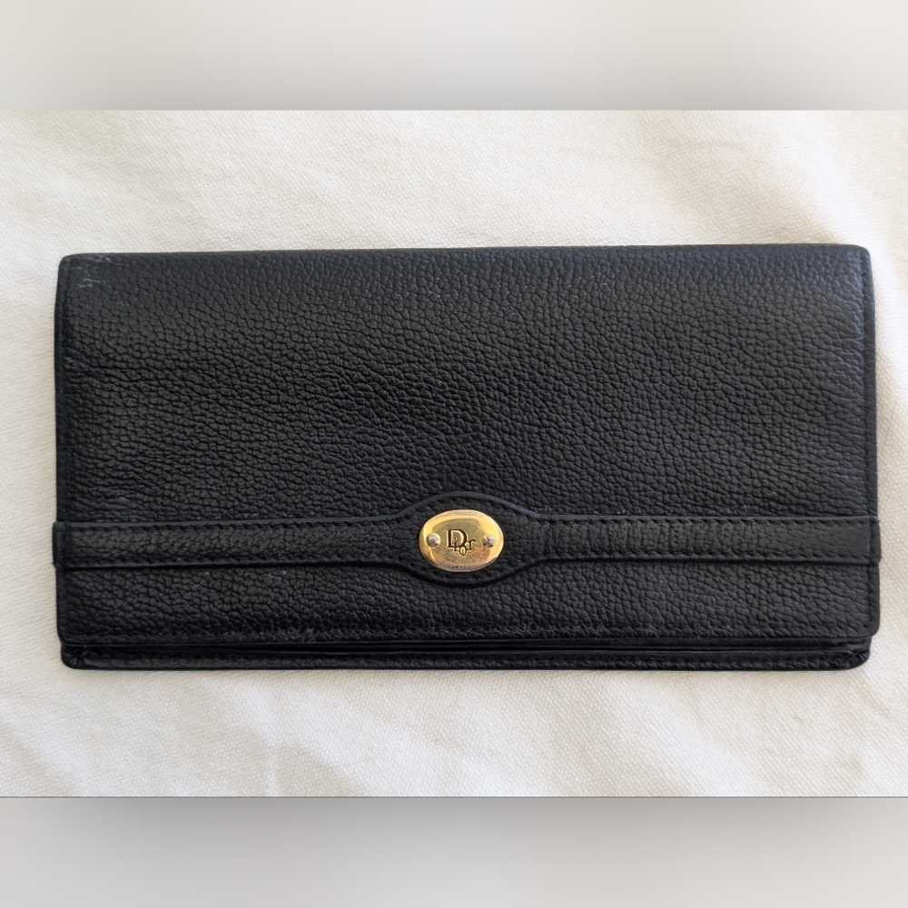 Dior black pebbled leather wallet w gold hardware